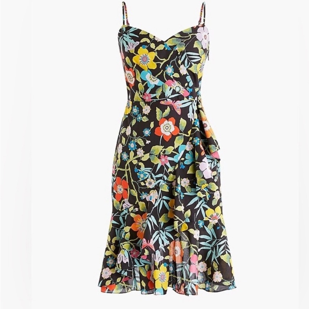 J. Crew Liberty Pavilion Black Floral Ruffle Tropical Midi Dress 4 NWT